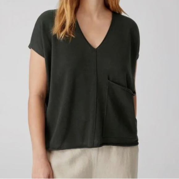 EILEEN FISHER Sz 2X Black Short Sleeve Organic Linen Cotton Boxy Blouse Pocket - Picture 10 of 10